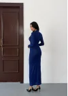 Saks Mavisi Vucudu Saran Simli Parlak Büzgülü Drapeli Midi Boy Uzun Kollu Elbise