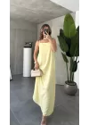 Sarı İp Askılı Tam Boy Rahat Kalıp Cepli Keten Elbise