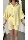 Sarı Oversize Keten Şort & Gömlek İkili Takım