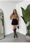 Siyah Astarlı Şortlu Kemerli Pileli Kışlık Mini Etek