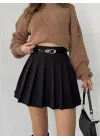 Siyah Astarlı Şortlu Kemerli Pileli Kışlık Mini Etek