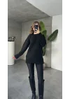 Siyah Bisiklet Yaka Tam Salaş Oversize Uzun Triko Kazak