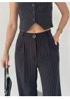 Siyah Çizgili Pileli Tam Kalıp Bel Oturtmalı Geniş Paça Palazzo Pantolon