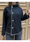 Siyah Çoban Dikişli Kaşe Düğmeli Kaşe Hırka