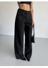 Siyah Dikiş Detaylı Yıkamalı Baggy Geniş Paça Yüksek Bel Oturtmalı Jean Kot Pantolon