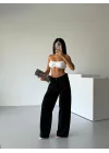 Siyah Dikiş Detaylı Yıkamalı Baggy Geniş Paça Yüksek Bel Oturtmalı Jean Kot Pantolon