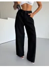 Siyah Dikiş Detaylı Yıkamalı Baggy Geniş Paça Yüksek Bel Oturtmalı Jean Kot Pantolon