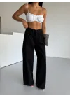 Siyah Dikiş Detaylı Yıkamalı Baggy Geniş Paça Yüksek Bel Oturtmalı Jean Kot Pantolon