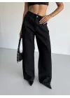 Siyah Dikiş Detaylı Yıkamalı Baggy Geniş Paça Yüksek Bel Oturtmalı Jean Kot Pantolon