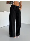 Siyah Dikiş Detaylı Yıkamalı Baggy Geniş Paça Yüksek Bel Oturtmalı Jean Kot Pantolon