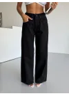 Siyah Dikiş Detaylı Yıkamalı Baggy Geniş Paça Yüksek Bel Oturtmalı Jean Kot Pantolon