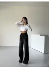 Siyah Dikiş Detaylı Yıkamalı Baggy Geniş Paça Yüksek Bel Oturtmalı Jean Kot Pantolon