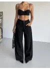 Siyah Dikiş Detaylı Yıkamalı Baggy Geniş Paça Yüksek Bel Oturtmalı Jean Kot Pantolon