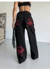 Siyah Dikiş Detaylı Yıkamalı Baggy Geniş Paça Yüksek Bel Oturtmalı Jean Kot Pantolon