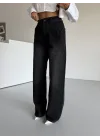 Siyah Dikiş Detaylı Yıkamalı Baggy Geniş Paça Yüksek Bel Oturtmalı Jean Kot Pantolon