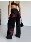 Siyah Dikiş Detaylı Yıkamalı Baggy Geniş Paça Yüksek Bel Oturtmalı Jean Kot Pantolon