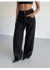 Siyah Dikiş Detaylı Yıkamalı Baggy Geniş Paça Yüksek Bel Oturtmalı Jean Kot Pantolon