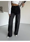Siyah Dikiş Detaylı Yıkamalı Baggy Geniş Paça Yüksek Bel Oturtmalı Jean Kot Pantolon