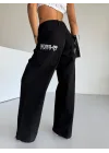 Siyah Dikiş Detaylı Yıkamalı Baggy Geniş Paça Yüksek Bel Oturtmalı Jean Kot Pantolon