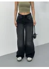 Siyah Dikiş Detaylı Yıkamalı Baggy Geniş Paça Yüksek Bel Oturtmalı Jean Kot Pantolon