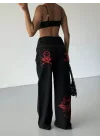 Siyah Dikiş Detaylı Yıkamalı Baggy Geniş Paça Yüksek Bel Oturtmalı Jean Kot Pantolon