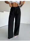 Siyah Dikiş Detaylı Yıkamalı Baggy Geniş Paça Yüksek Bel Oturtmalı Jean Kot Pantolon