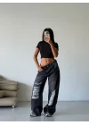 Siyah Dizi Yırtık Yıkamalı Baggy Geniş Paça Yüksek Bel Oturtmalı Jean Kot Pantolon