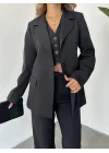 Siyah Double Yelek-Pantolon-Blazer Ceket 3lü Set Takım