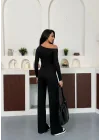 Siyah Kayık Yaka Asimetrit Kesim Bluz İspanyol Paça Pantolon İkili Takım