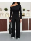 Siyah Kayık Yaka Asimetrit Kesim Bluz İspanyol Paça Pantolon İkili Takım
