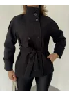 Siyah Kruvaze Boğazlı Dik Yaka Düğmeli Apoletli Kaşe Kaban Mont
