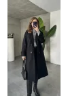 Siyah Kruvaze Oversize Premium Kalite Kuşaklı Tam Boy Uzun Kaşe Mont