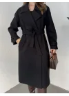 Siyah Kruvaze Oversize Premium Kalite Kuşaklı Tam Boy Uzun Kaşe Mont