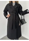 Siyah Kruvaze Oversize Premium Kalite Kuşaklı Tam Boy Uzun Kaşe Mont