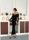 Siyah Madonna Yaka Gold Aksesuarlı Uzun Kollu Vucudu Saran Uzun Midi Boy Elbise
