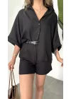 Siyah Oversize Keten Şort & Gömlek İkili Takım