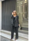 Siyah Oversize Kruvaze Ceket Tam Kalıp Palazzo Pantolon Viskon Premium İkili Takım