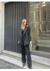 Siyah Oversize Kruvaze Ceket Tam Kalıp Palazzo Pantolon Viskon Premium İkili Takım