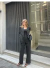 Siyah Oversize Kruvaze Ceket Tam Kalıp Palazzo Pantolon Viskon Premium İkili Takım