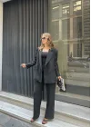 Siyah Oversize Kruvaze Ceket Tam Kalıp Palazzo Pantolon Viskon Premium İkili Takım