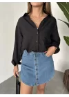Siyah Oversize Salaş Basic Keten Gömlek