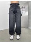 Siyah Palaska Tokalı Yıkamalı Baggy Geniş Paça Yüksek Bel Oturtmalı Jean Kot Pantolon