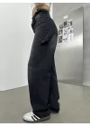 Siyah Palaska Tokalı Yıkamalı Baggy Geniş Paça Yüksek Bel Oturtmalı Jean Kot Pantolon