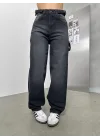 Siyah Palaska Tokalı Yıkamalı Baggy Geniş Paça Yüksek Bel Oturtmalı Jean Kot Pantolon