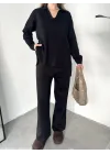 Siyah Polo Yakalı Kazak İspanyol Paça Triko Pantolon İkili Takım