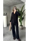 Siyah Polo Yakalı Kazak İspanyol Paça Triko Pantolon İkili Takım