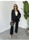 Siyah Tek Düğmeli Blazer Ceket&Palazzo Pantolon İkili Takım