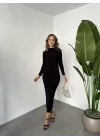 Siyah Vucudu Saran Büzgülü Drapeli Tam Boy Uzun Kollu Candy Elbise