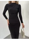 Siyah Vucudu Saran Büzgülü Drapeli Tam Boy Uzun Kollu Candy Elbise