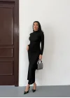 Siyah Vucudu Saran Simli Parlak Büzgülü Drapeli Midi Boy Uzun Kollu Elbise